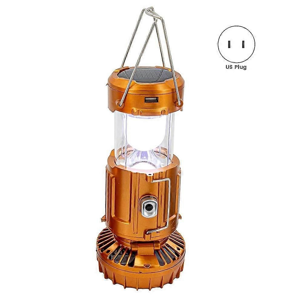 2-in-1 Solar Camping Lantern with LED Light and Adjustable Fan, USB Charging Station Gold