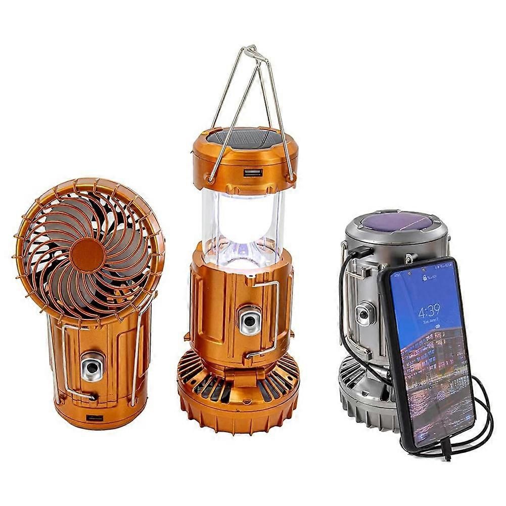 2-in-1 Solar Camping Lantern with LED Light and Adjustable Fan, USB Charging Station Gold