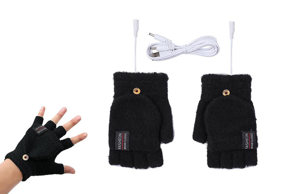 USB Heated Warmer Gloves Half Finger Mitten Electric Heated Gloves for Work Cycling Skiing Outdoor Snow -Black