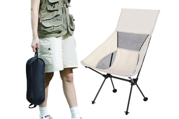 Portable Compact Camping Chair for Outdoor Camp Travel Picnic Lightweight Folding High Back Camping Chair With Head Support -Beige