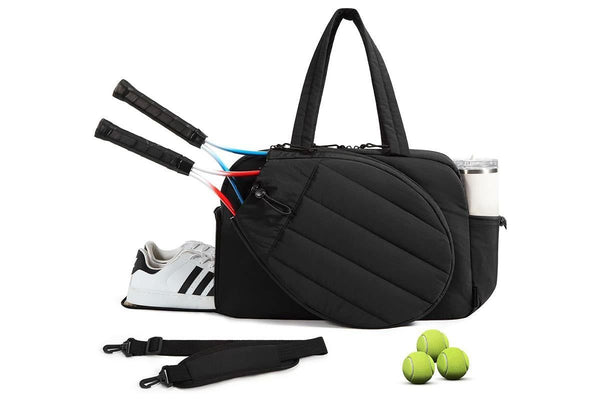 Womens Tennis Gym Bag Sports Tote Fits Two Rackets with Shoe Compartment - Black