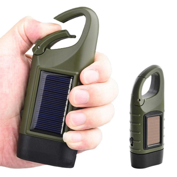 Hand Crank Solar Powered Emergency LED Flashlight - Rechargeable Light Military Green