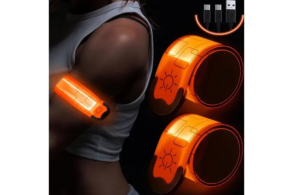 2Pcs Rechargeable Glowing Bracelet LED Slap Wristband Night Running Security Armband Strap Orange