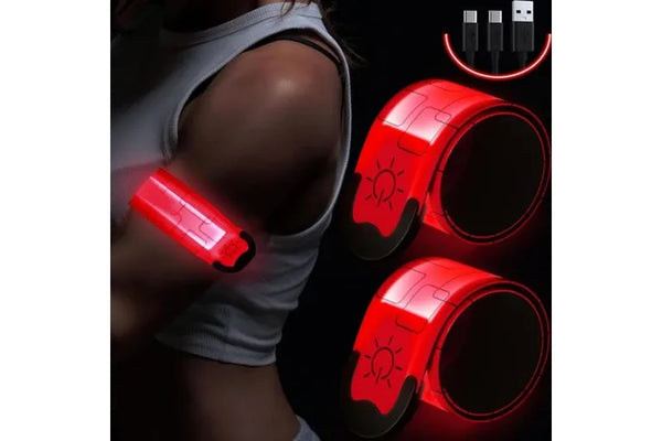2Pcs Rechargeable Glowing Bracelet LED Slap Wristband Night Running Security Armband Strap Red