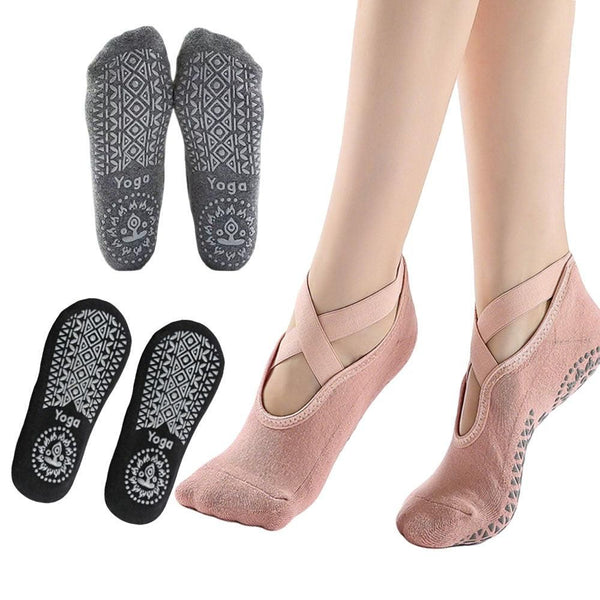 3 Pairs Cross Strap Round Toe Non-Slip Socks for Yoga Pilates and Barre