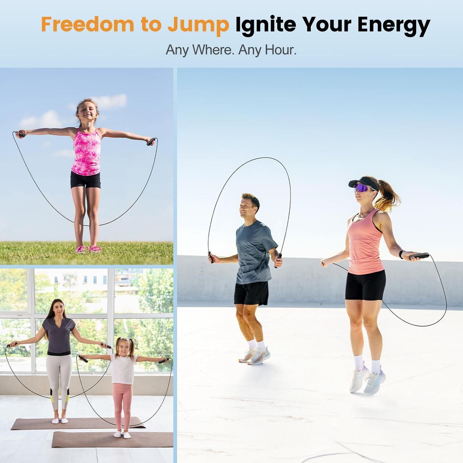 Adjustable Steel Jump Rope with Ball Bearings Foam Handles Tangle Free - Blue