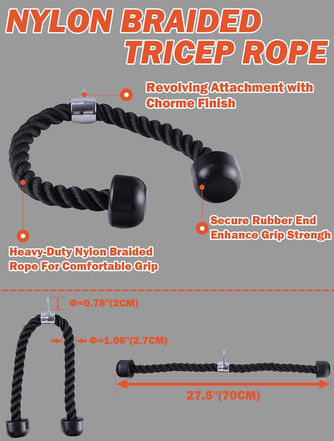 Lat Pulldown Tricep Rope Cable Machine Attachment with Dual Resistance Bands