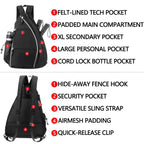 Pickleball Backpack Adjustable Sling Bag With Fence Hook And Large Capacity - Black