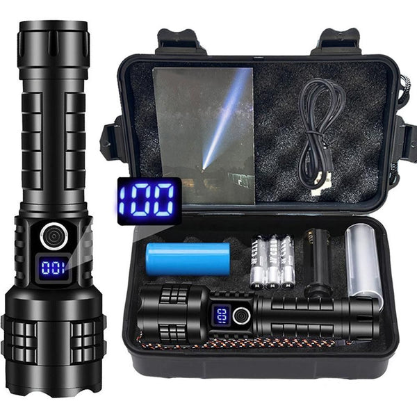 High Lumen LED Flashlight Rechargeable Zoomable Tactical Torch with LCD Power Display Black
