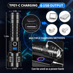 High Lumen LED Flashlight Rechargeable Zoomable Tactical Torch with LCD Power Display Black