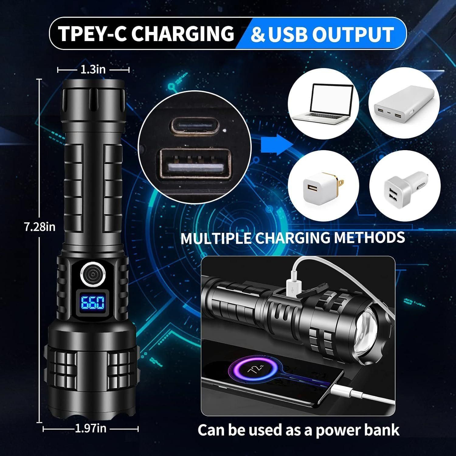 High Lumen LED Flashlight Rechargeable Zoomable Tactical Torch with LCD Power Display Black