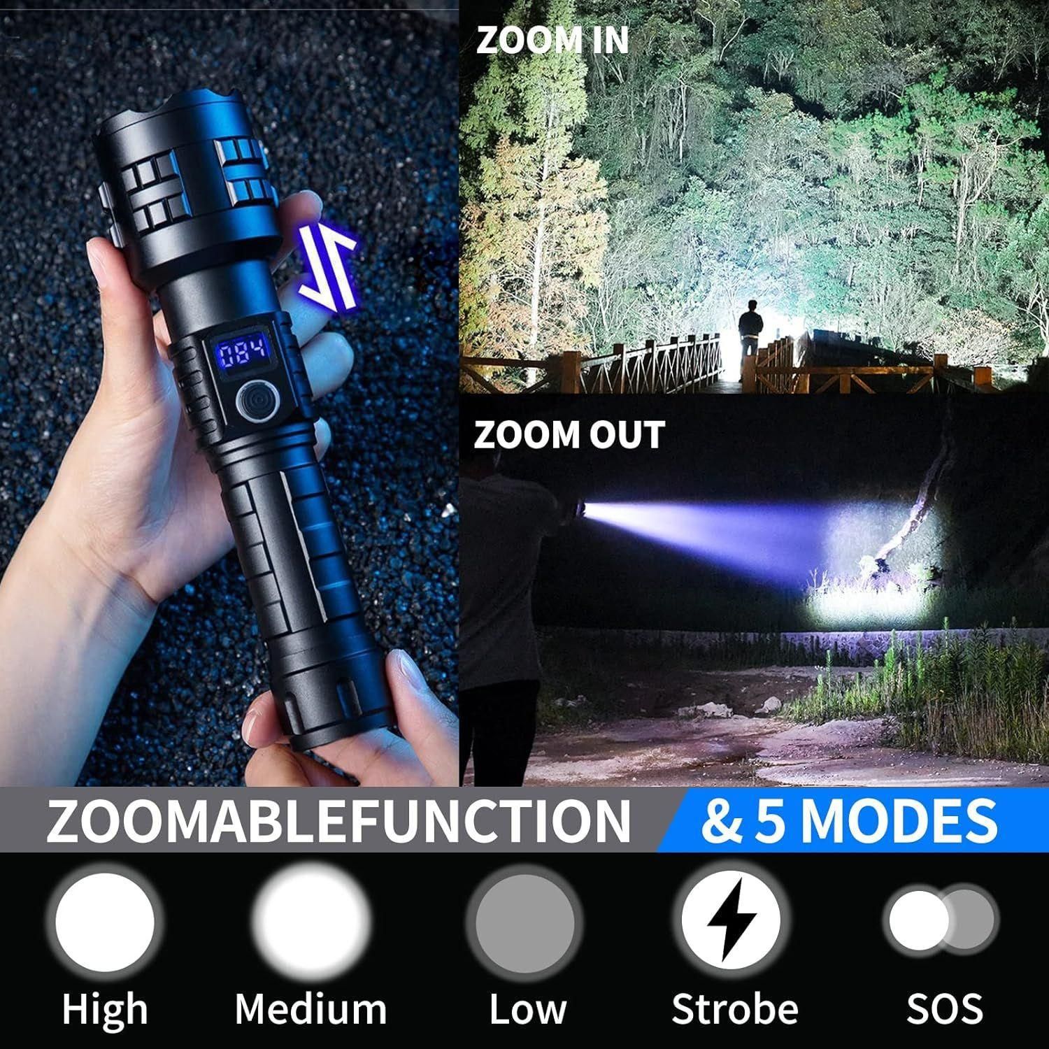 High Lumen LED Flashlight Rechargeable Zoomable Tactical Torch with LCD Power Display Black