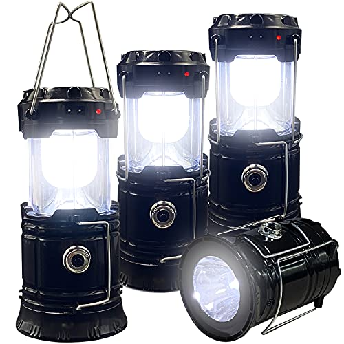 4 Pack Foldable Camping Lantern, Solar and USB Rechargeable, Lightweight Waterproof (Black)