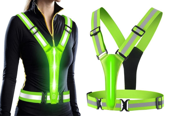 LED Reflective Vest Running Gear USB Rechargeable LED Light Up Vest High Visibility with Adjustable Waist and Shoulde for Night Walking Cycling, High Visibility Running Vest with Reflective Strips -Green