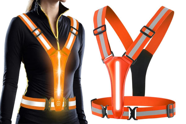 LED Reflective Vest Running Gear USB Rechargeable LED Light Up Vest High Visibility with Adjustable Waist and Shoulde for Night Walking Cycling, High Visibility Running Vest with Reflective Strips -Orange