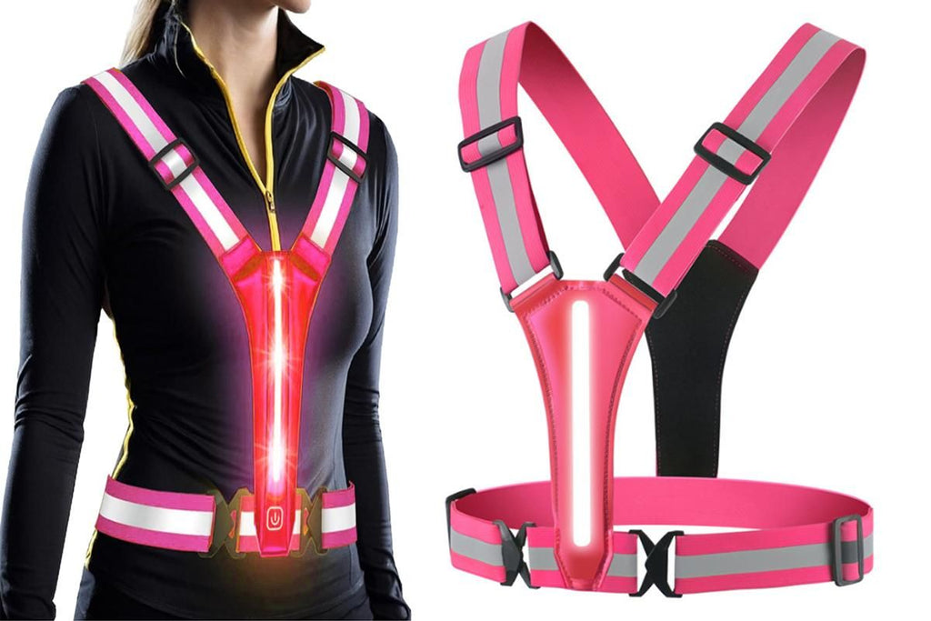 LED Reflective Vest Running Gear USB Rechargeable LED Light Up Vest High Visibility with Adjustable Waist and Shoulde for Night Walking Cycling, High Visibility Running Vest with Reflective Strips -Orange