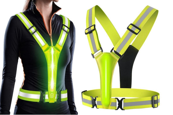 LED Reflective Vest Running Gear USB Rechargeable LED Light Up Vest High Visibility with Adjustable Waist and Shoulde for Night Walking Cycling, High Visibility Running Vest with Reflective Strips -Yellow