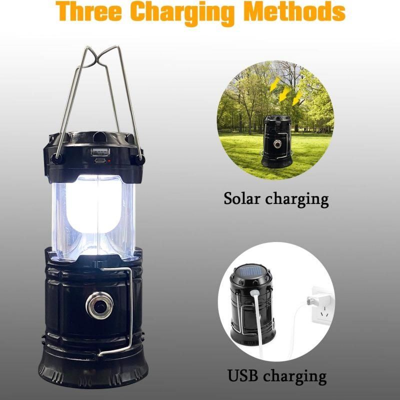 2 Pack Foldable Camping Lights, Solar USB Rechargeable Waterproof Portable Emergency Lights Black