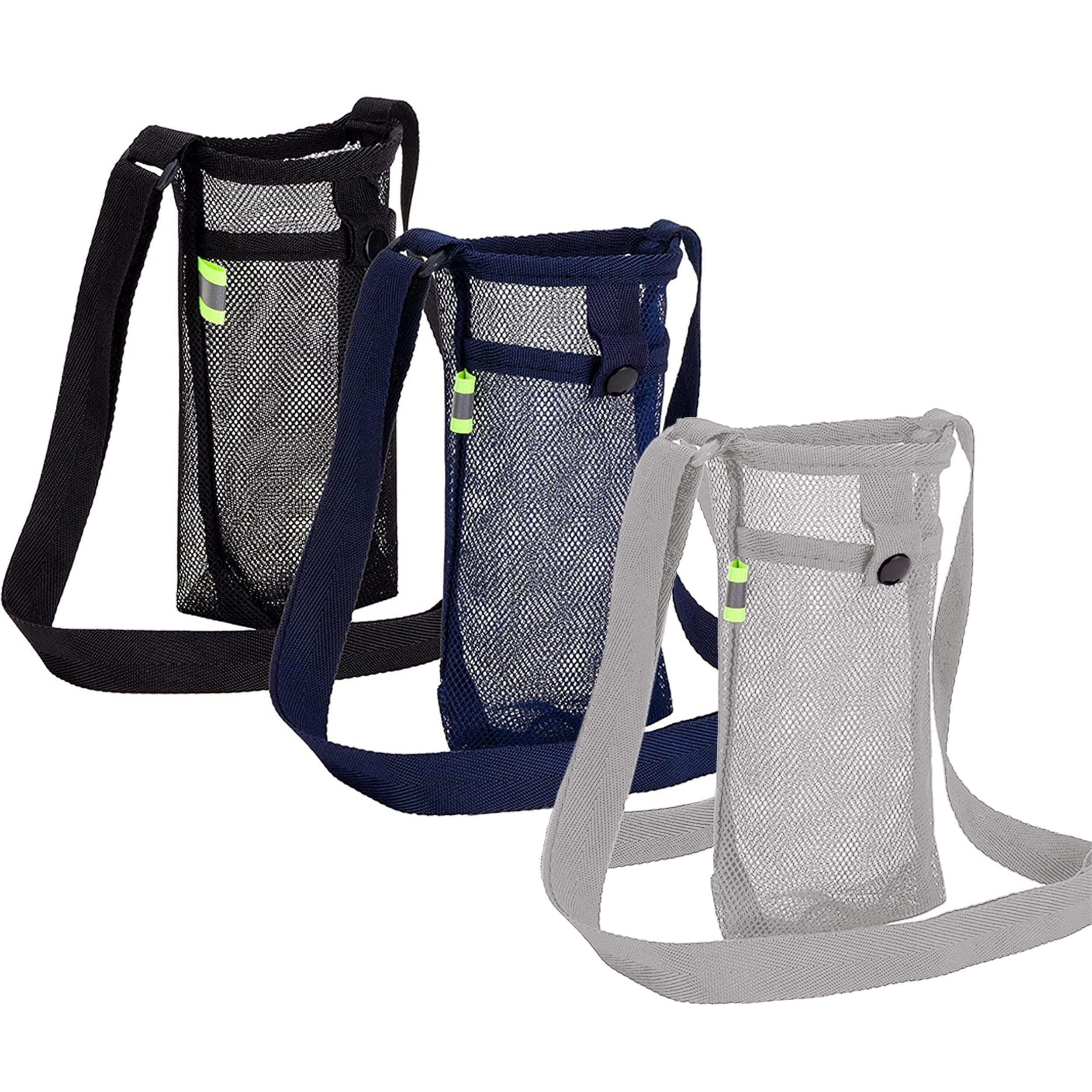 3Pcs Adjustable Strap Mesh Water Bottle Holder Outdoor Hiking Camping Carry Pouch Black Blue Grey