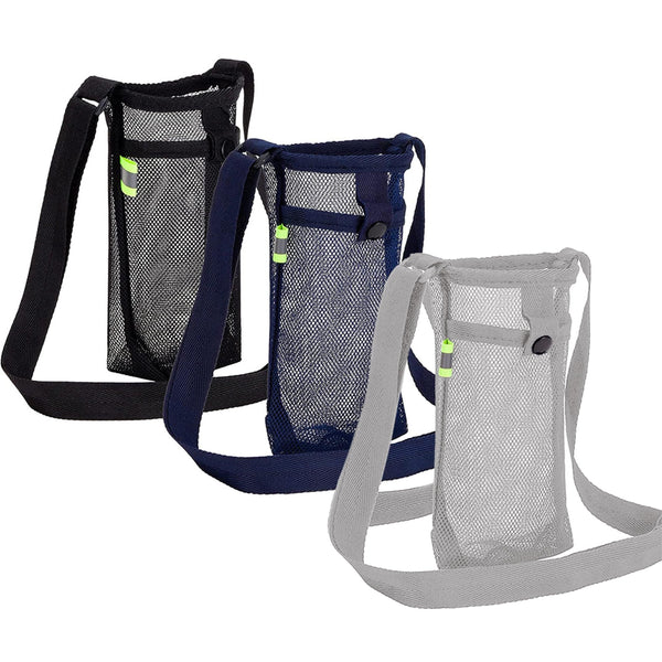 3Pcs Adjustable Strap Mesh Water Bottle Holder Outdoor Hiking Camping Carry Pouch Black Blue Grey