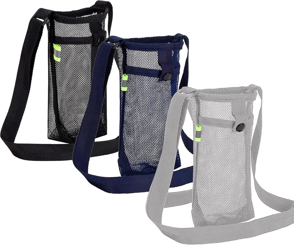 3Pcs Adjustable Strap Mesh Water Bottle Holder Outdoor Hiking Camping Carry Pouch Black Blue Grey