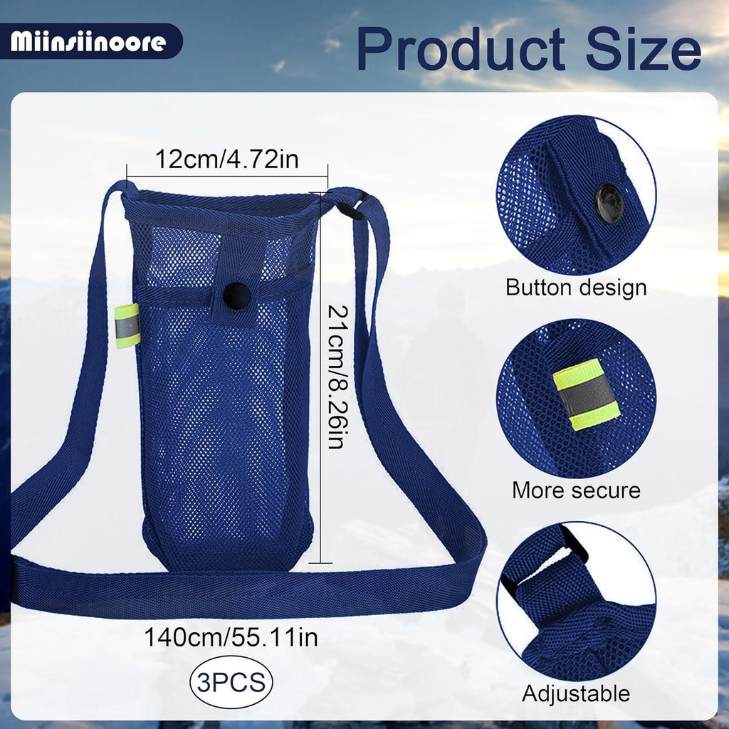 3Pcs Adjustable Strap Mesh Water Bottle Holder Outdoor Hiking Camping Carry Pouch Black Blue Grey