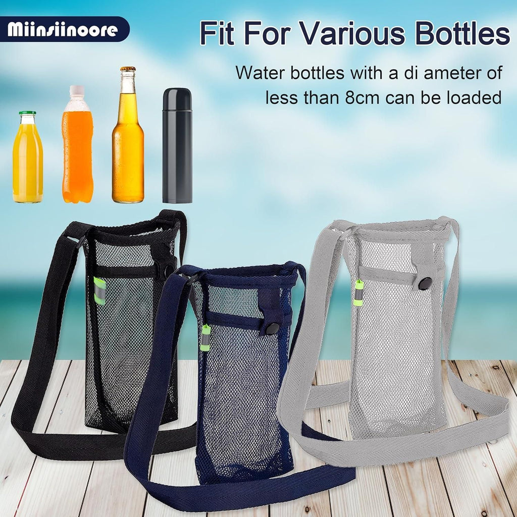 3Pcs Adjustable Strap Mesh Water Bottle Holder Outdoor Hiking Camping Carry Pouch Black Blue Grey