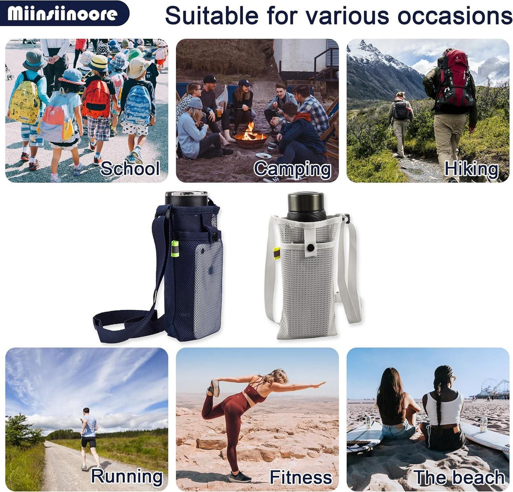 3Pcs Adjustable Strap Mesh Water Bottle Holder Outdoor Hiking Camping Carry Pouch Black Blue Grey