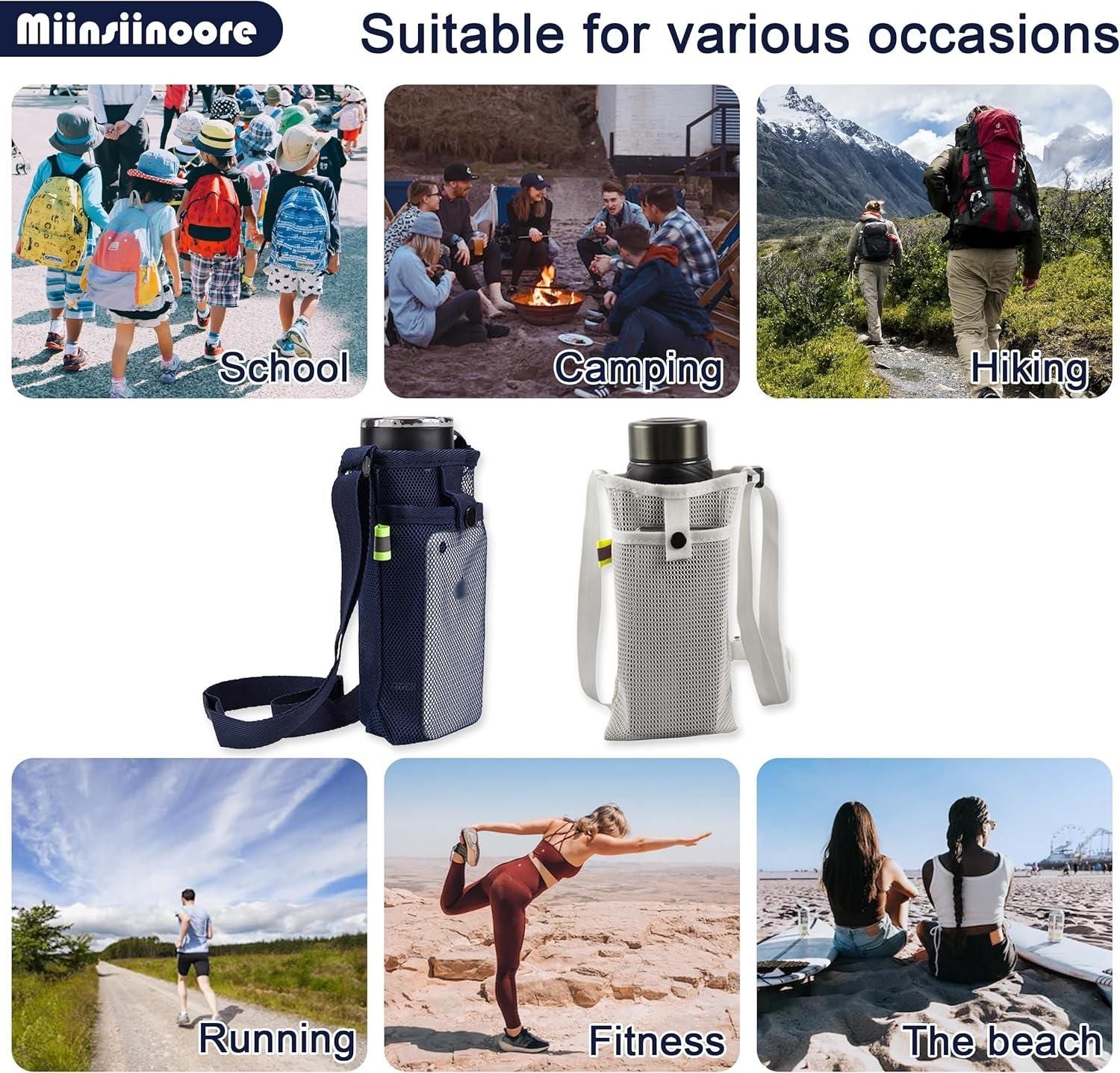 3Pcs Adjustable Strap Mesh Water Bottle Holder Outdoor Hiking Camping Carry Pouch Black Blue Grey