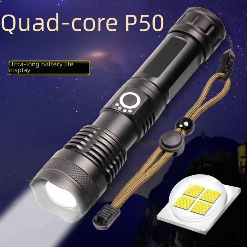 Aluminum Alloy Telescopic Flasight, Led Power Display/USB Charging/P70 Strong Light Flasight