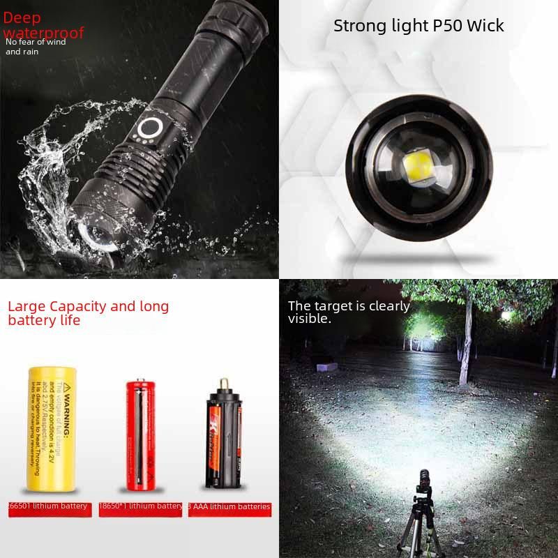 Aluminum Alloy Telescopic Flasight, Led Power Display/USB Charging/P70 Strong Light Flasight