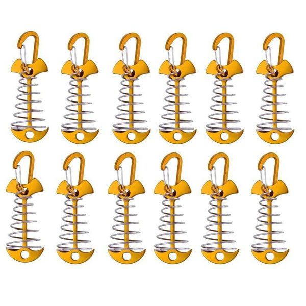 Gold Fishbone Tent Pegs with Carabiner & Rope Tensioner, Outdoor Camping Anchors 12PCS