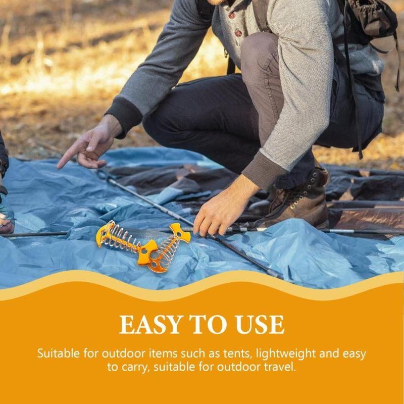 Gold Fishbone Tent Pegs with Carabiner & Rope Tensioner, Outdoor Camping Anchors 12PCS