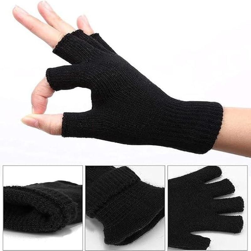 Winter Knitted Half Finger Gloves Warm Driving Cycling Writing Mittens For Men Women 4Pairs Black