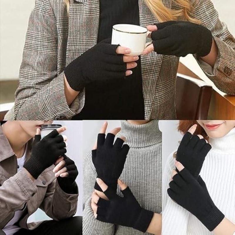 Winter Knitted Half Finger Gloves Warm Driving Cycling Writing Mittens For Men Women 4Pairs Black
