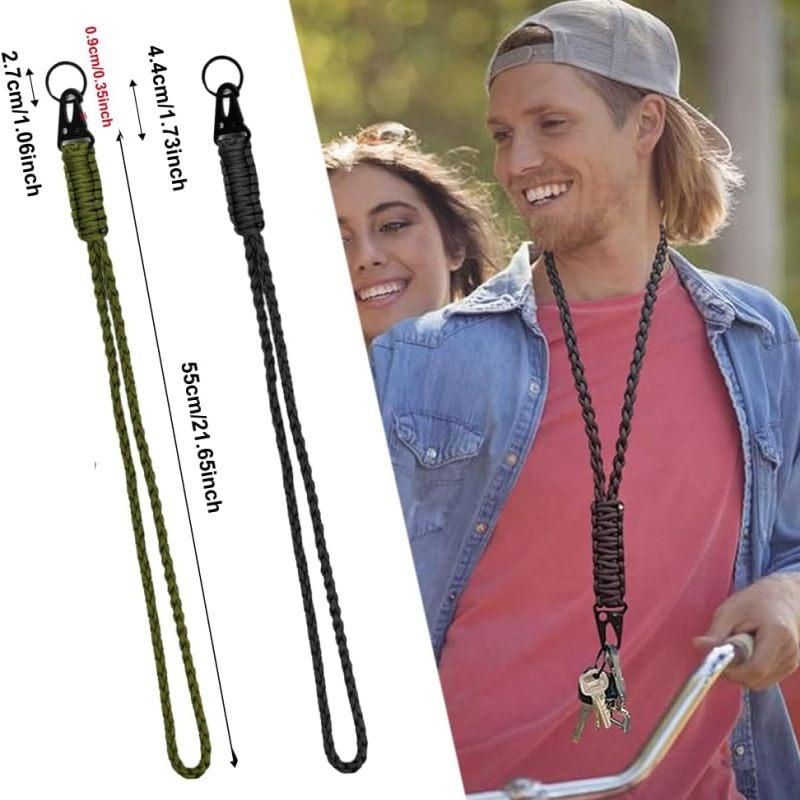2Pcs Woven Paracord Lanyard Keychain, Heavy Duty Cell Phone Neck Lanyard, Black & Army Green
