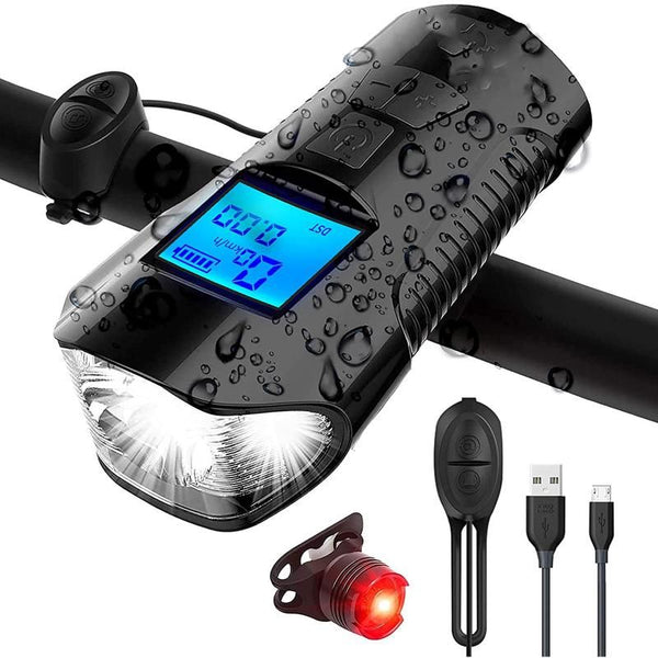 USB Rechargeable Bike LED Headlight plus Horn Set - Black