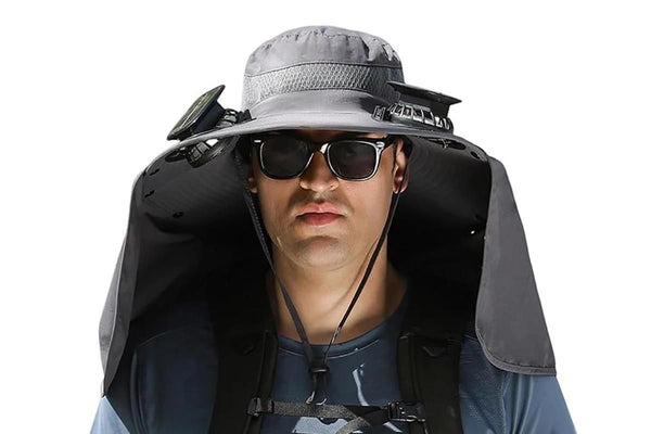 Outdoor Wide Brim Sun Hat With 2 Solar Fans Fishing And Beach Hat With Built In Fan -Dark Grey