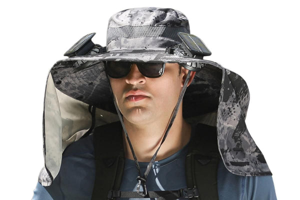 Outdoor Wide Brim Sun Hat With 2 Solar Fans Fishing And Beach Hat With Built In Fan -Patterned Grey