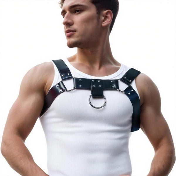 Men's Punk Leather Chest & Shoulder Harness, Party & Cosplay Style (Black)