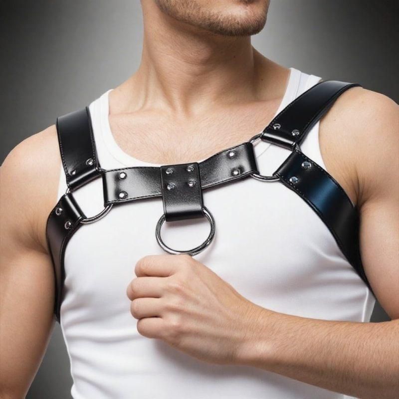 Men's Punk Leather Chest & Shoulder Harness, Party & Cosplay Style (Black)