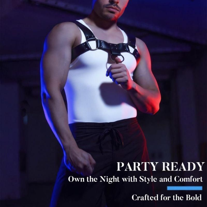Men's Punk Leather Chest & Shoulder Harness, Party & Cosplay Style (Black)
