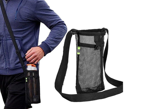 Water Bottle Mesh Carrier Bag with Shoulder Strap - Black