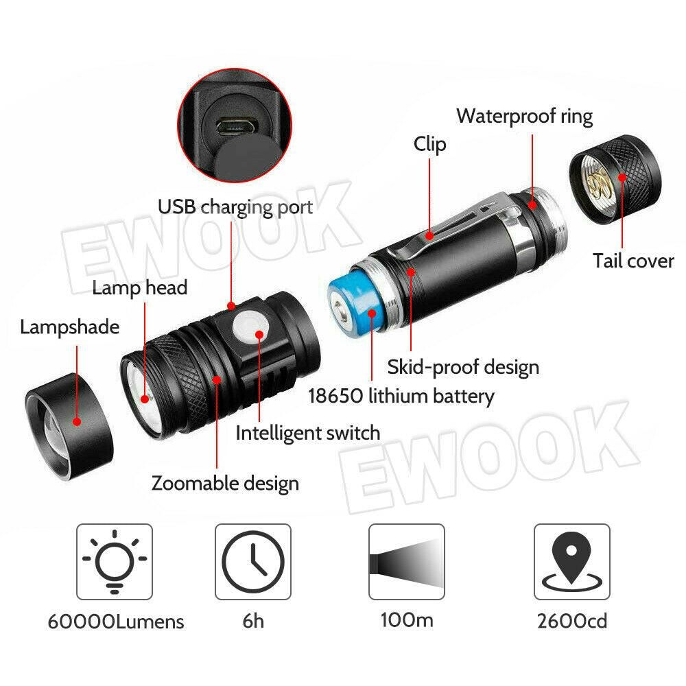 2X 60000lm LED Flashlight Torch For Bike Mount USB Rechargeable T6 XM-L AU