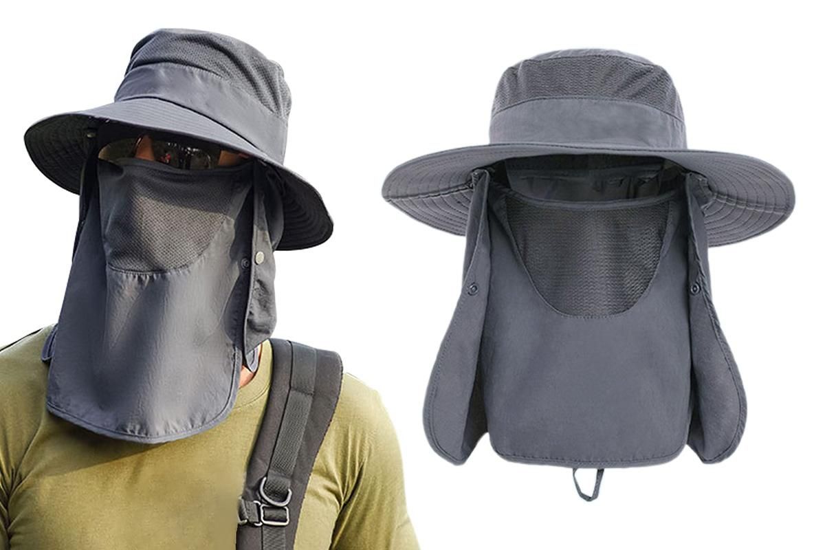 Outdoor Sun Protection Fishing Cap Wide Brim Hat With Neck Flap And Face Cover - Navy Blue