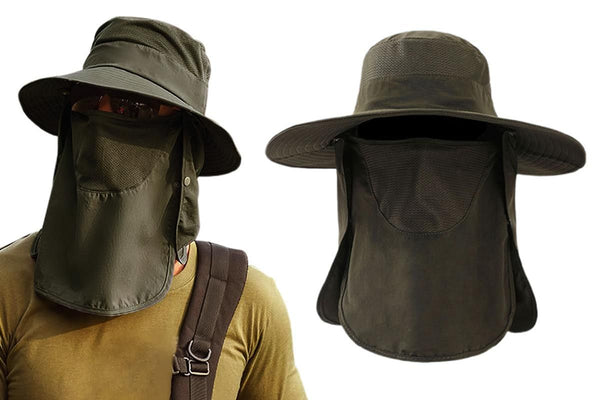 Outdoor Sun Protection Fishing Cap Wide Brim Hat With Neck Flap And Face Cover - Army Green