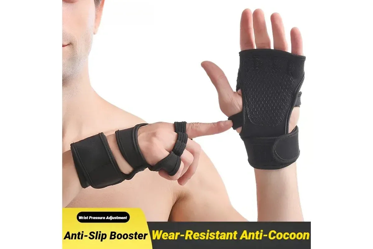 Half Finger Training Sport Gloves For Men Women Workout Fitness Body Building Weightlifting Gym Hand Wrist Protector Dumbbells - Black (1pair) M