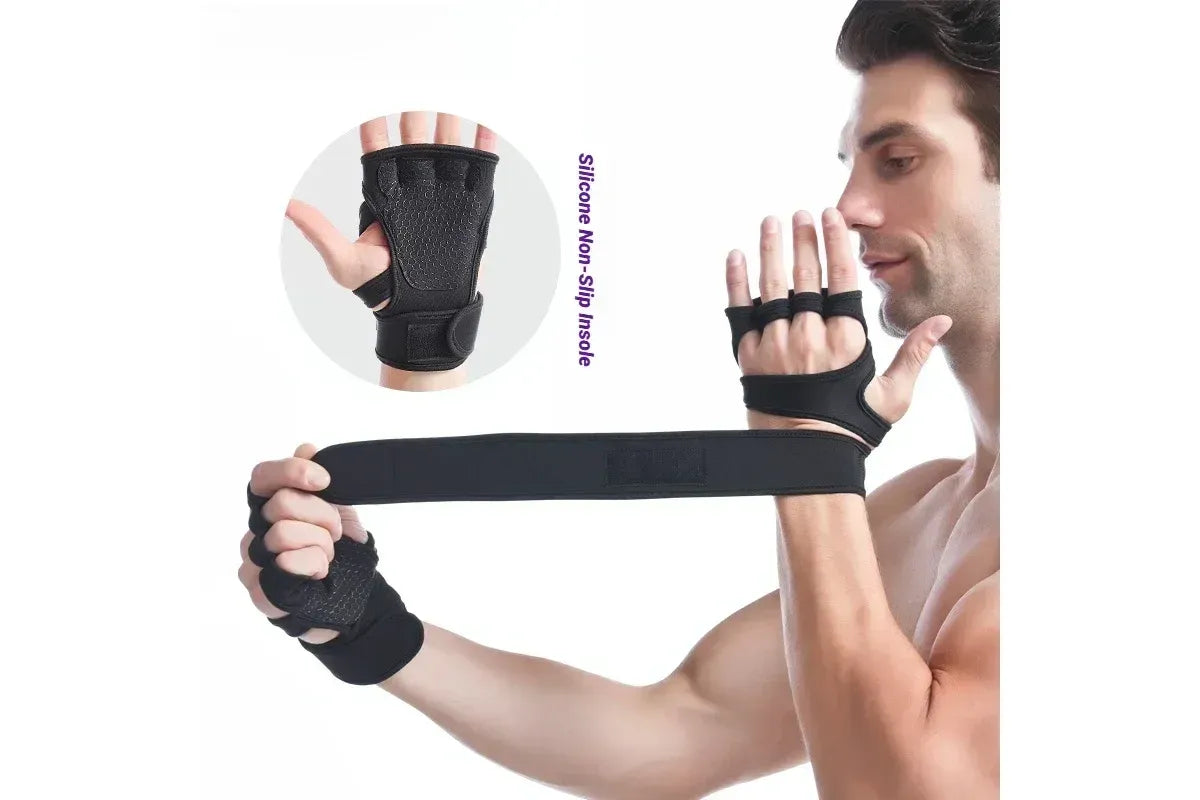 Half Finger Training Sport Gloves For Men Women Workout Fitness Body Building Weightlifting Gym Hand Wrist Protector Dumbbells - Black (1pair) M