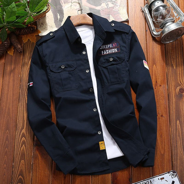 Jekop Men Long Sleeve Cotton Shirt Outdoor Workwear Dark Blue XXXXL