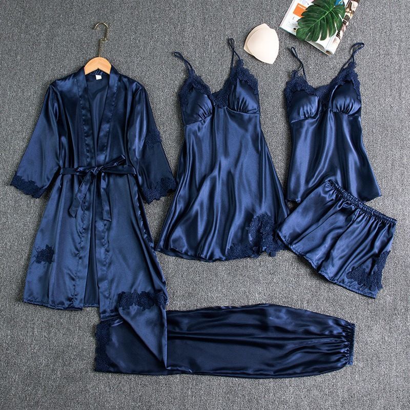 Butterfly Women Sleepwear Set Polyester Long Sleeve Navy Blue XL